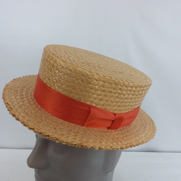 Vintage Hard Straw Boater Skimmer Hat 